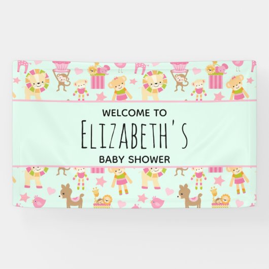 Cute Pattern met Happy Animals & Toys Baby shower Spandoek (Horizontaal)