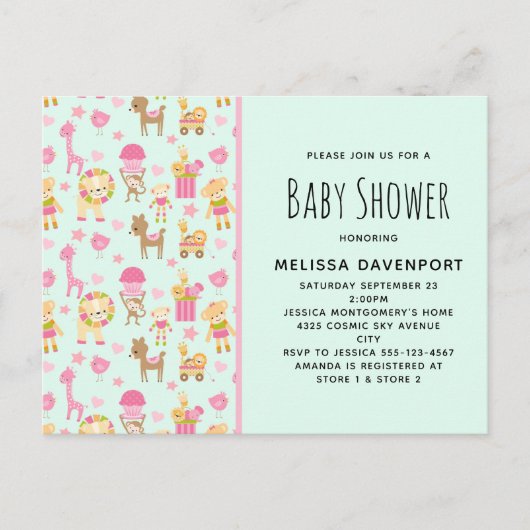 Cute Pattern met Happy Animals & Toys Baby shower Uitnodiging Briefkaart (Voorkant)