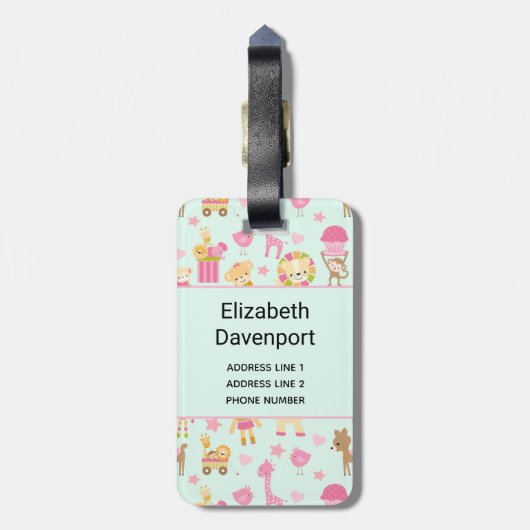 Cute Pattern met Happy Animals & Toys Bagagelabel (Achterkant verticaal)