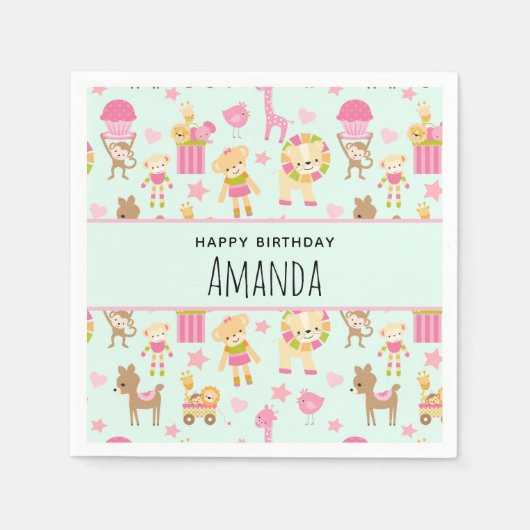 Cute Pattern met Happy Animals & Toys Birthday Servet (Voorkant)