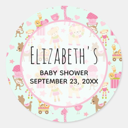 Cute Pattern met Happy Animals & Toys Shower Ronde Sticker (Voorkant)
