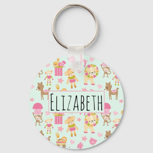 Cute Pattern met Happy Animals & Toys Sleutelhanger (Voorkant)