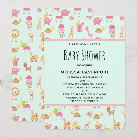 Cute Pattern met Nursery Animals Baby shower Kaart (Voorkant / Achterkant)