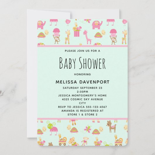 Cute Pattern met Nursery Animals Baby shower Kaart (Voorkant)