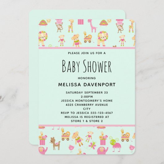 Cute Pattern met Nursery Animals Baby shower Kaart (Voorkant / Achterkant)