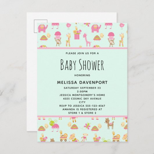 Cute Pattern met Nursery Animals Baby shower Uitnodiging Briefkaart (Voorkant / Achterkant)