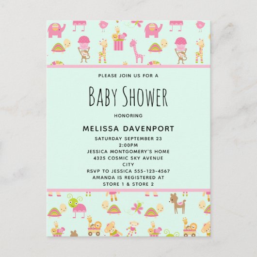Cute Pattern met Nursery Animals Baby shower Uitnodiging Briefkaart (Voorkant)
