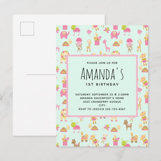 Cute Pattern met Nursery Animals & Toys Birthday Uitnodiging Briefkaart (Voorkant / Achterkant)