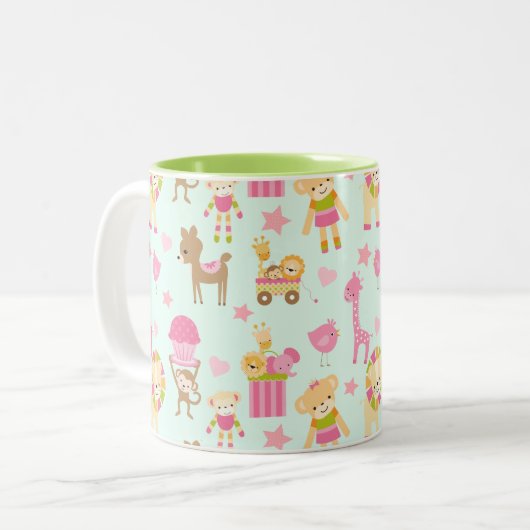 Cute Pattern met Whimsical Animals & Toys Tweekleurige Koffiemok (Voorkant links)