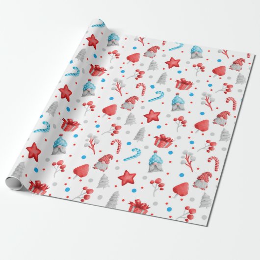 Cute Pattern of Gnomen, Stars, Candy Canes, Trees Cadeaupapier (Uitgerold)