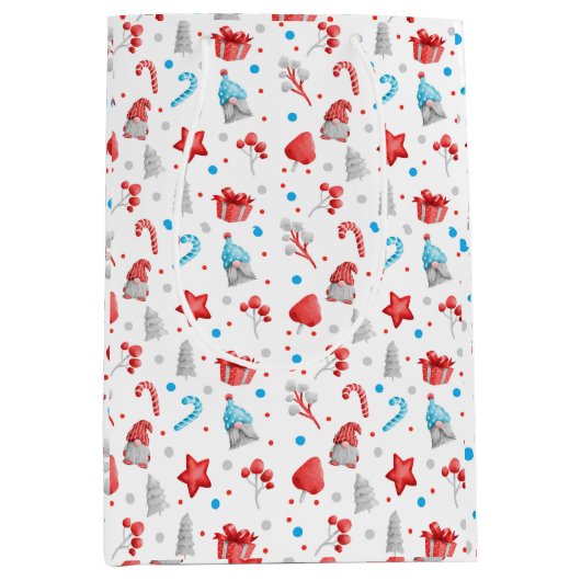 Cute Pattern of Gnomen, Stars, Candy Canes, Trees Medium Cadeauzakje (Voorkant)