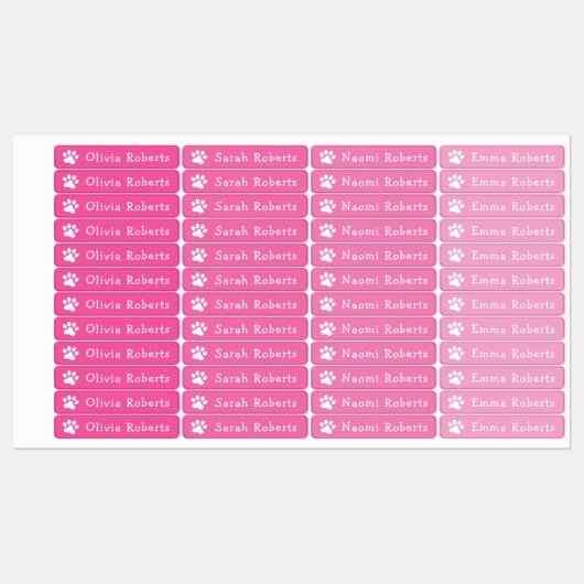 Cute paw drukt op aangepaste naam roze kleding labels (Vel)