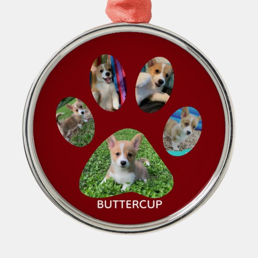 Cute Paw Print 5 Photo Dog Kerstrood Metalen Ornament (Voorkant)