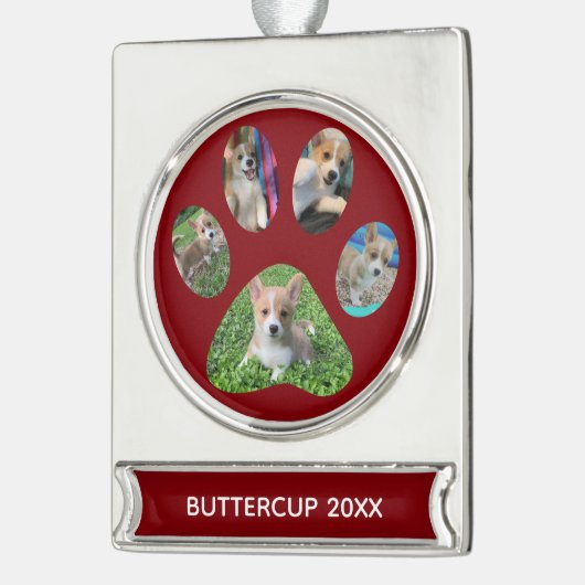 Cute Paw Print 5 Photo Dog Kerstrood Verzilverd Banner Ornament (Links)