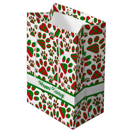 Cute Paw Print Red Green Happy Holiday Medium Cadeauzakje (Voorkant Gekanteld)