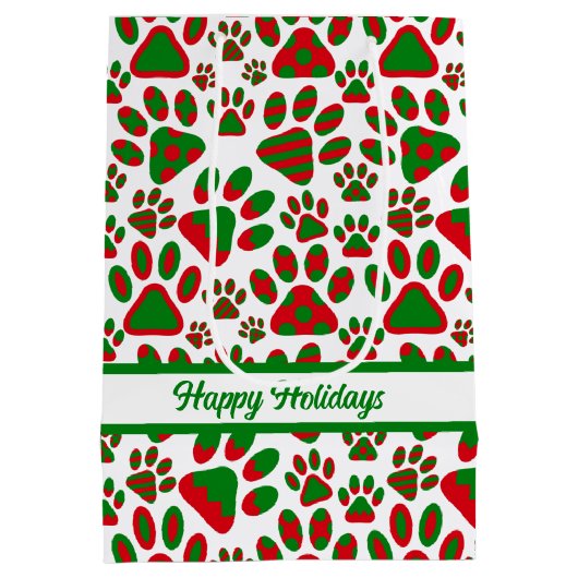 Cute Paw Print Red Green Happy Holiday Medium Cadeauzakje (Achterkant)