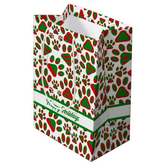 Cute Paw Print Red Green Happy Holiday Medium Cadeauzakje (Achterkant Gekanteld)