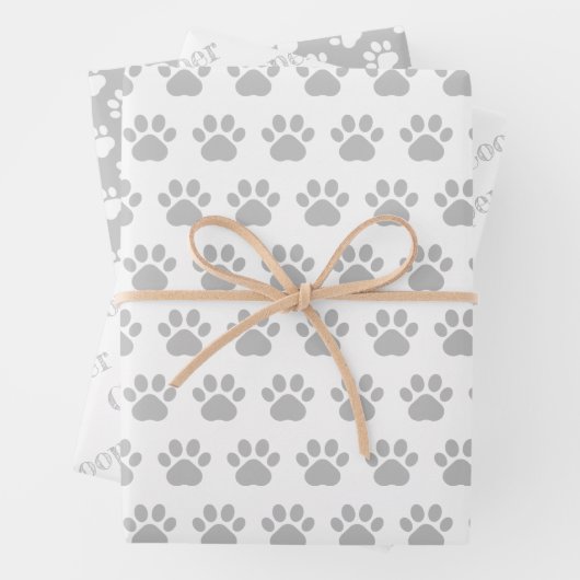 Cute Paw Prints Custom Name Wrapping Paper Sheets (In situ)