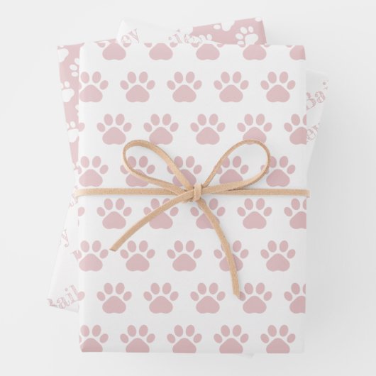 Cute Paw Prints Custom Name Wrapping Paper Sheets (In situ)