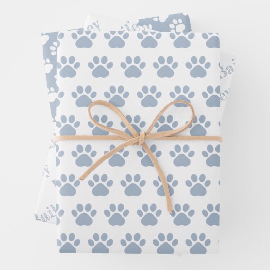 Cute Paw Prints Custom Name Wrapping Paper Sheets (In situ)