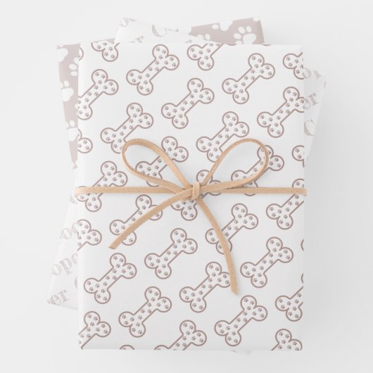 Cute Paw Prints Dog Bones Custom Name Inpakpapier Vel (In situ)