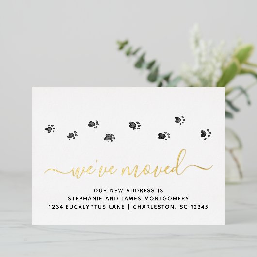Cute Paw Prints Gold Foil Moving Announding Kaart (Staand Voorkant)