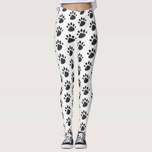 Cute Paw Prints Patroon White Black Leggings (Voorkant)
