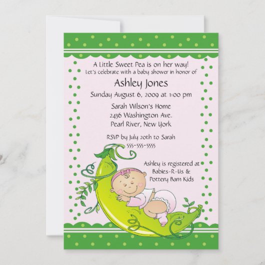Cute Pea Pod Baby Girl Baby Shower Invitations Kaart (Voorkant)