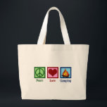 Cute Peace Love Camping Grote Tote Bag<br><div class="desc">Een schattig cadeau voor een kampeerreiskoffer met een vredes-, hart- en kampvuur van een kampeerterrein in de openlucht. Peace Love Camping.</div>