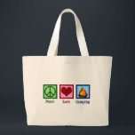 Cute Peace Love Camping Grote Tote Bag<br><div class="desc">Een schattig cadeau voor een kampeerreiskoffer met een vredes-, hart- en kampvuur van een kampeerterrein in de openlucht. Peace Love Camping.</div>