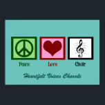 Cute Peace Love Choir Custom Blauwgroen Poster<br><div class="desc">Een prachtige Peace Love Choir-afdruk met een groen vredesteken, rood hart en een verdrievoudiging op een muziekstaf om muziek en zingen te symboliseren. Pas met uw orale naam of andere gepersonaliseerde tekst aan om in uw kamer of kantoor te hangen. Een poster om op te hangen in een koor.</div>