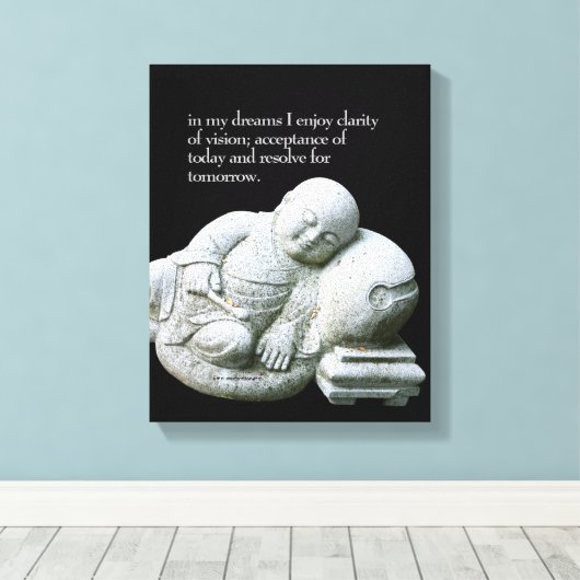 Cute Peaceful Sleeping Young Monk Stone Sculpture Canvas Afdruk (Insitu (Houten vloer))