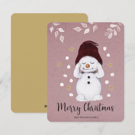 Cute Peaceful Snowman Pink kerstavond Feestdagenkaart (Voorkant / Achterkant)