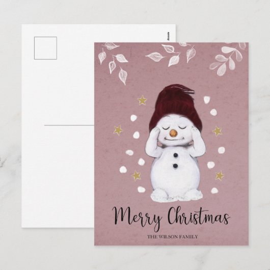 Cute Peaceful Snowman Pink kerstavond Feestdagenkaart (Voorkant / Achterkant)