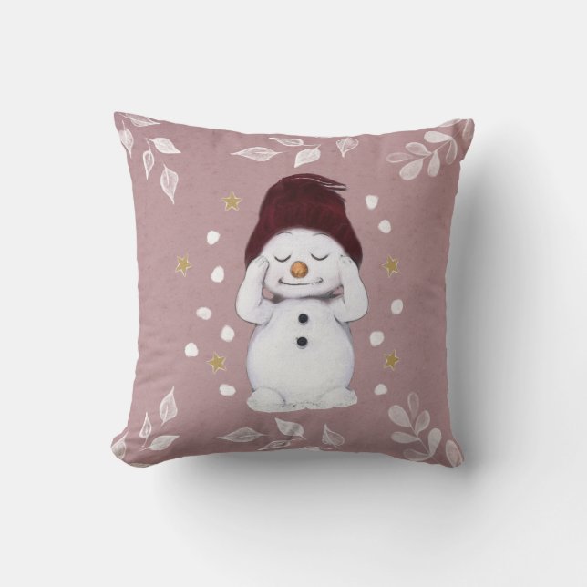 Cute Peaceful Snowman Pink kerstavond Kussen (Voorkant)