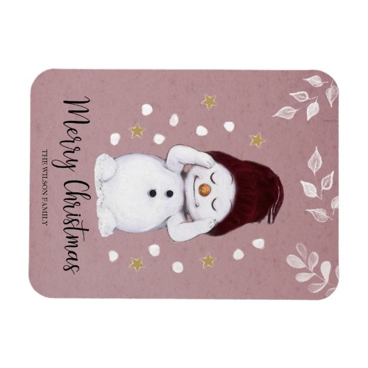 Cute Peaceful Snowman Pink kerstavond Magneet (Horizontaal)