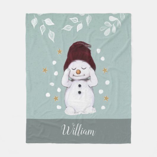 Cute Peaceful Snowman Winter Blue Kerstmis Fleece Deken (Voorkant)