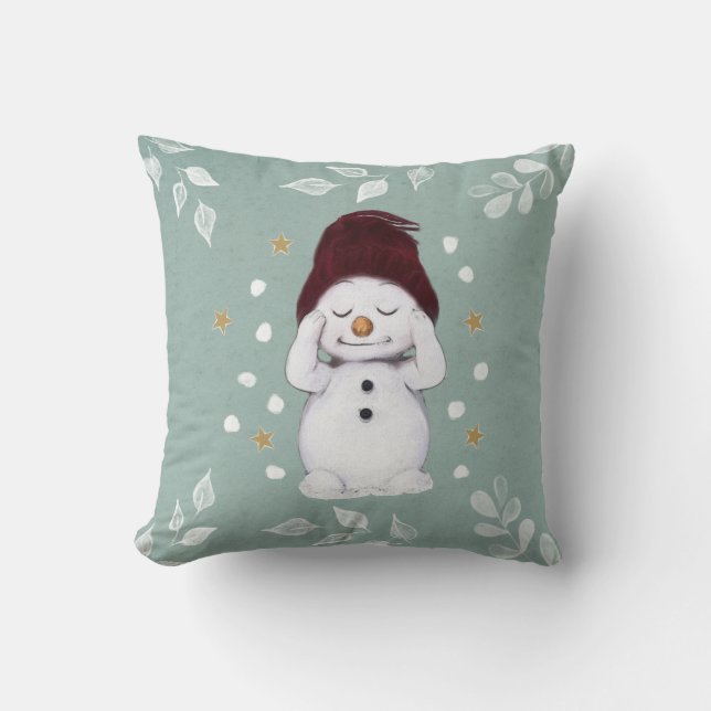 Cute Peaceful Snowman Winter Blue Kerstmis Kussen (Voorkant)