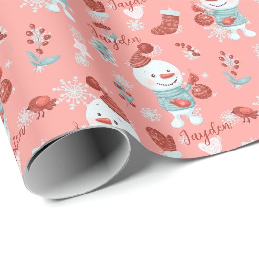 Cute Peach Snowman Cartoon Girl Custom Name Cadeaupapier (Rol Hoek)