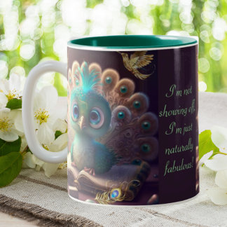 Cute Peacock Funny NatNatural Fabulous Quote Custo Tweekleurige Koffiemok