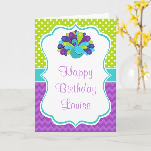 Cute Peacock Green and Purple Birthday  Kaart (Gele Bloem)