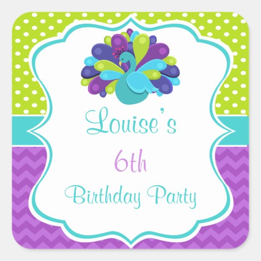 Cute Peacock Green and Purple Vierkante Sticker (Voorkant)