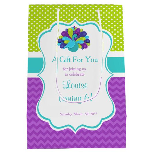 Cute Peacock Green en Paarse Birthday Dank u Medium Cadeauzakje (Achterkant)