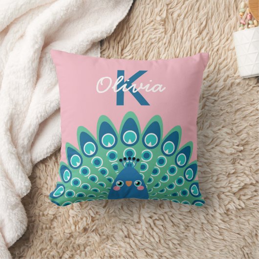 Cute Peacock | Roze monogrammen Kussen (Deken)