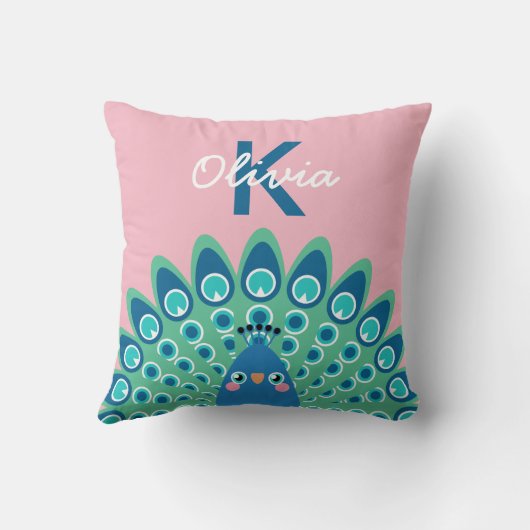 Cute Peacock | Roze monogrammen Kussen (Achterkant)