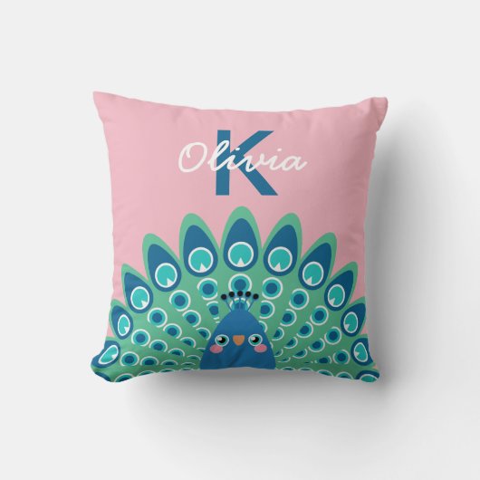 Cute Peacock | Roze monogrammen Kussen (Voorkant)