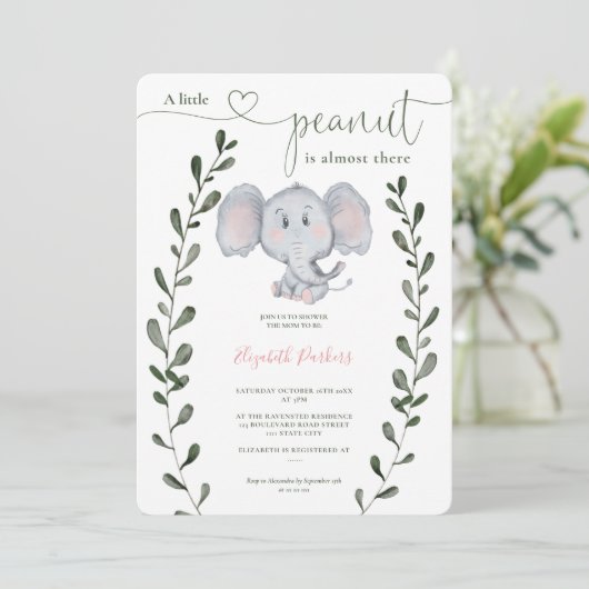 Cute peanut elephant greenery script baby shower kaart (Staand voorkant)