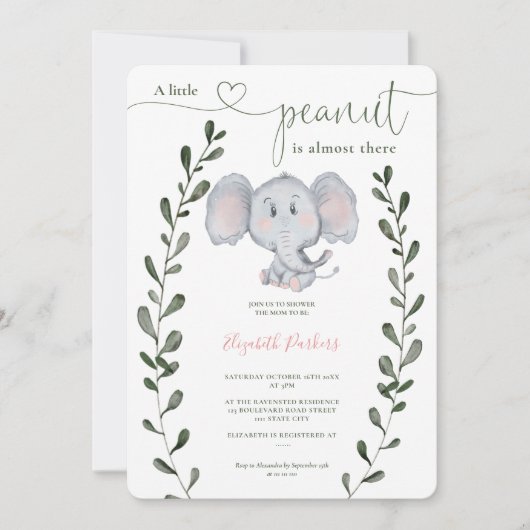Cute peanut elephant greenery script baby shower kaart (Voorkant)