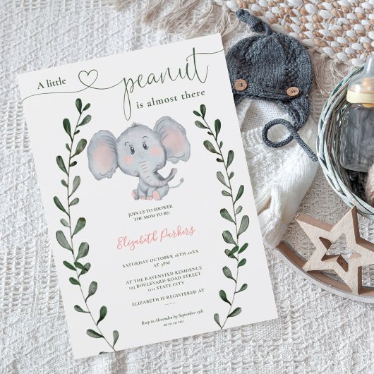 Cute peanut elephant greenery script baby shower kaart
