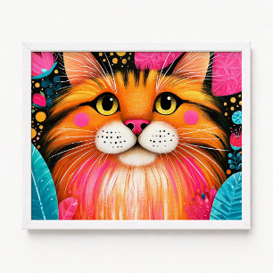 Cute Peek Roze en Oranje Maine Coon Kat Schilderij Poster